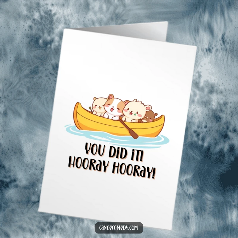 Funny Free Printable Congrats Card: Giggling animals cheering in a canoe, celebrating success with pure joy.