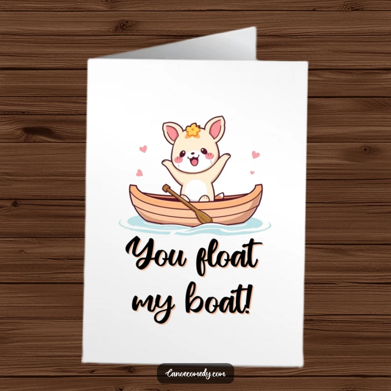 Funny Free Printable Congrats Card: Kawaii animal performing a happy dance inside a canoe, celebrating a big win with enthusiasm.