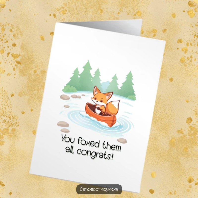 Funny Free Printable Congrats Card: Determined kawaii fox paddling canoe through rapids, celebrating a hard-won victory.