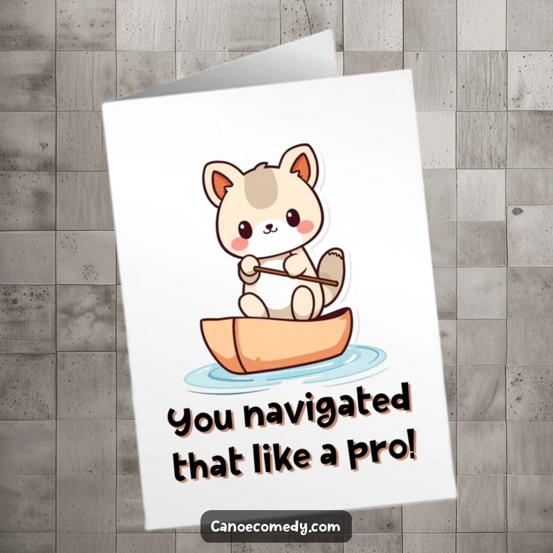 Funny Free Printable Congrats Card: Kawaii animal celebrating victory in a canoe, triumphant and cheerful.