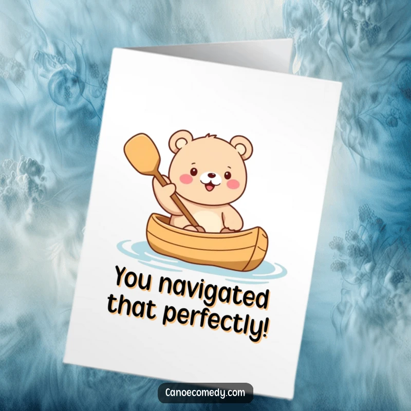 Funny free printable congratulations card with a cute kawaii bear in a canoe, enthusiastically waving its paddle in celebration.