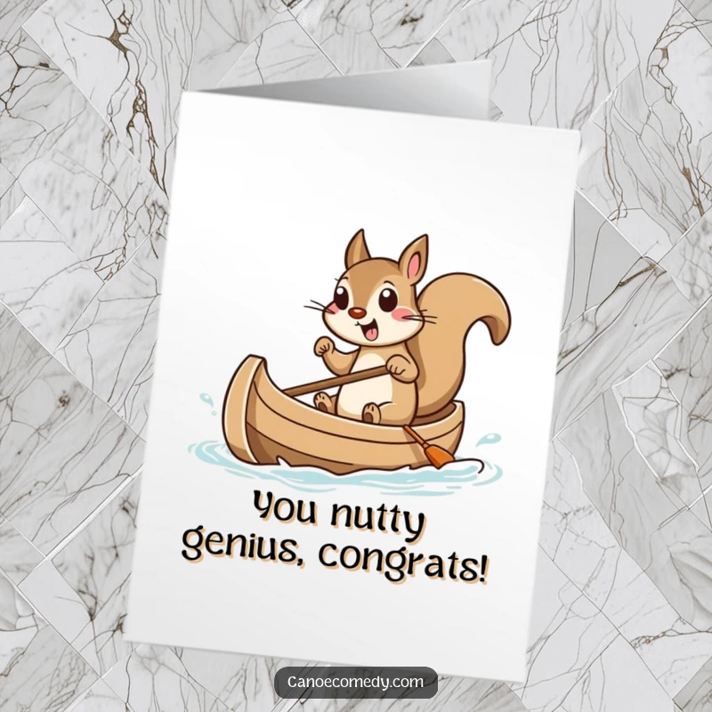 Funny Free Printable Congratulations Card: A cheerful squirrel steering a small canoe with sheer excitement, a unique DIY congratulatory gift.