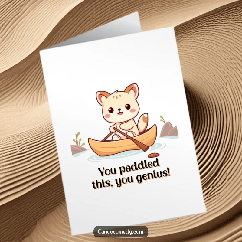 Funny Free Printable Congrats Card: Kawaii animal awkwardly balancing in a canoe, symbolizing a precarious achievement.