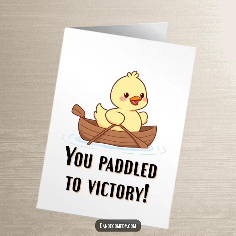 Free Printable Kawaii duck smiling, paddling a tiny canoe, celebrating a congratulatory journey.
