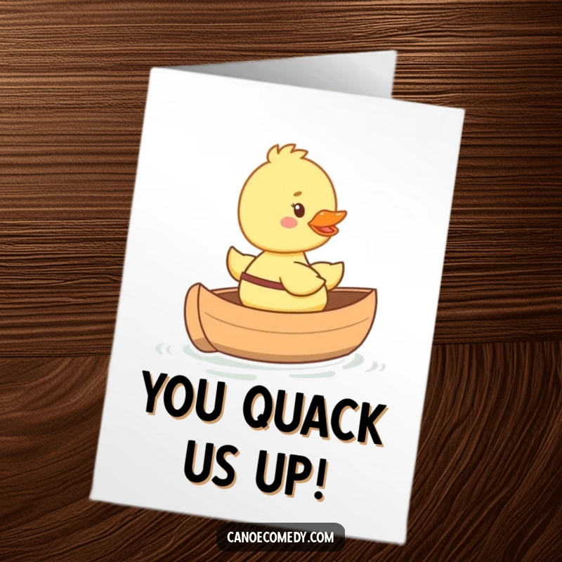Funny Free Printable Congratulations Card with a happy duckling joyfully riding in a miniature canoe, symbolizing a smooth journey to success.