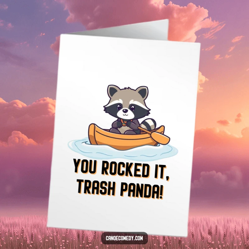 Funny Free Printable Congrats Card: Kawaii raccoon navigating canoe through gentle waves, smooth journey, achievement, downloadable gift.