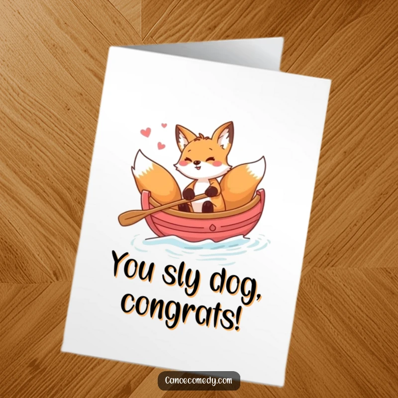 Funny Free Printable Congratulations Card: Playful fox spinning in canoe, perfect for celebrating achievements.