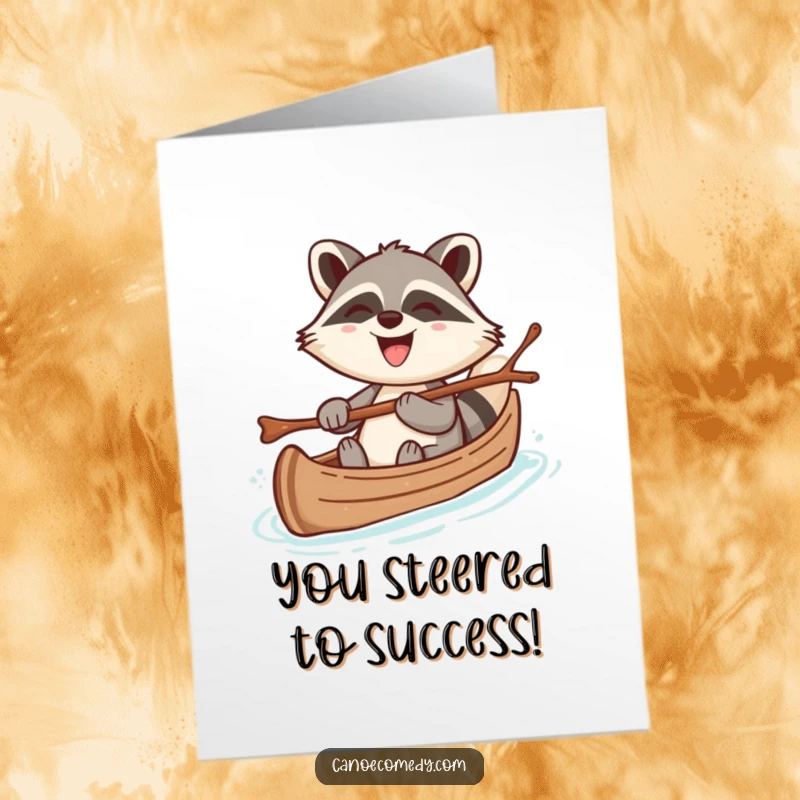 Funny Free Printable Congrats Card: Cheerful kawaii raccoon steering canoe, grinning widely at their success.