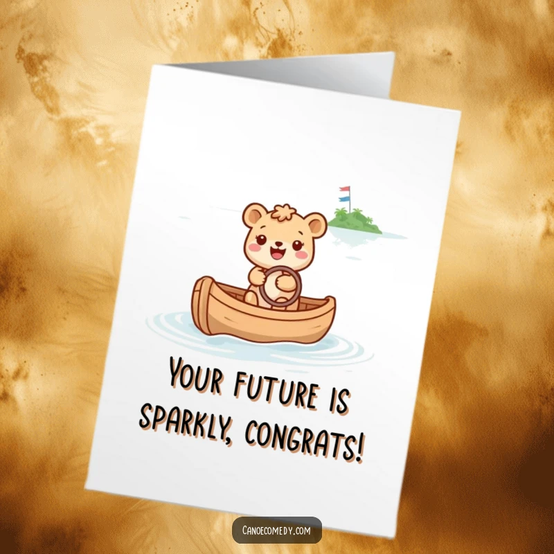 Funny Free Printable Congrats Card: A happy animal steering a canoe towards a sparkly island, celebrating big wins.