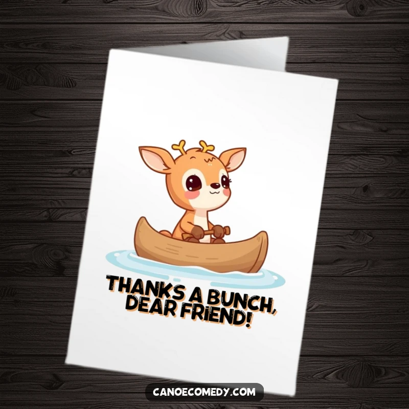 Funny free printable thank you card with a small deer in a canoe looking up in wonder, expressing thanks.