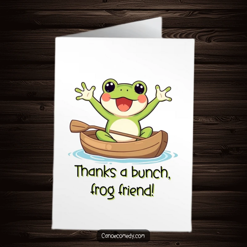Funny Free Printable Thank You Card: Kawaii frog in canoe, arms waving, expressing thanks, downloadable gratitude.