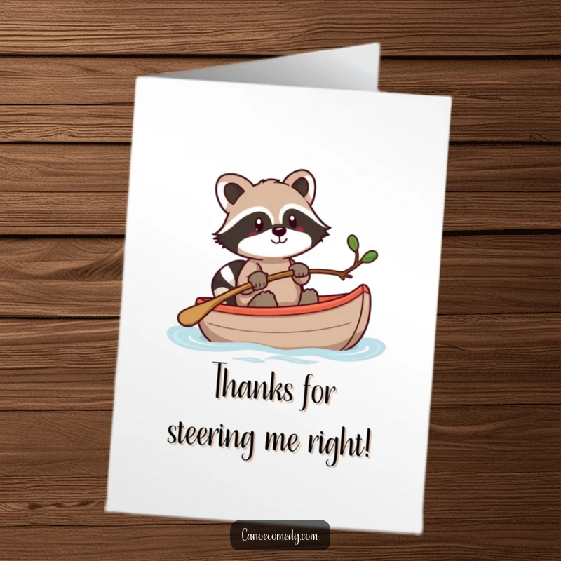 Funny Free Printable Thank You Card: Kawaii raccoon steering canoe with twig, thankful, humorous, downloadable.