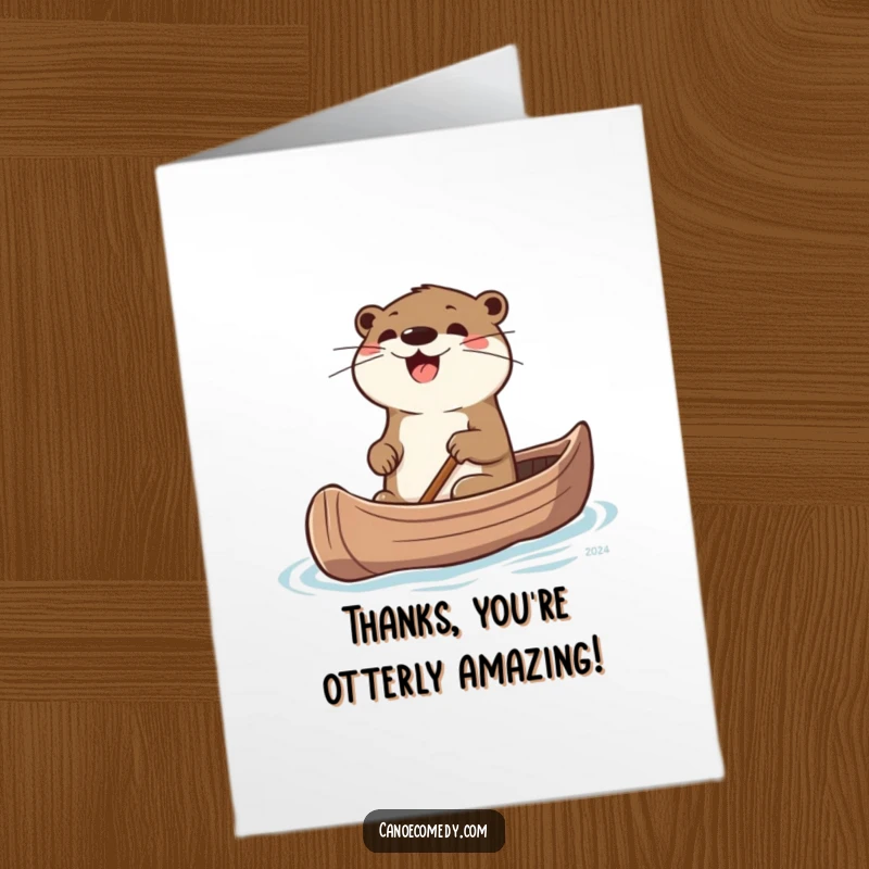 Funny Free Printable Thank You Card: A joyful otter steers a canoe, whiskers twitching with thankful excitement.