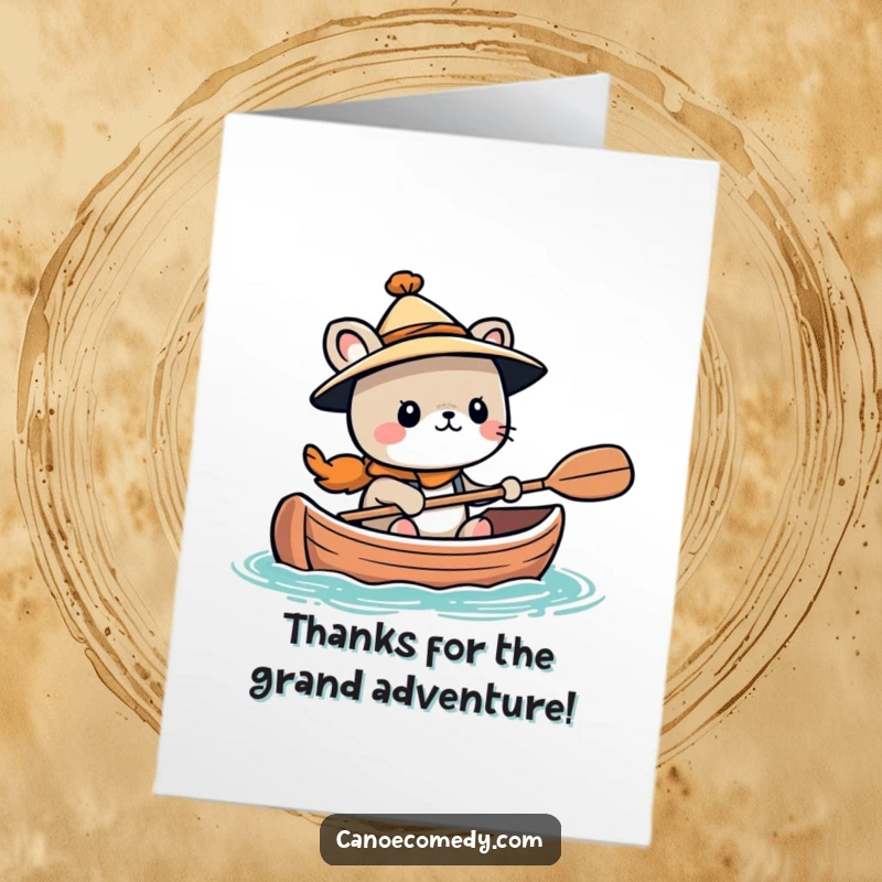 Funny Free Printable Thank You Card: Kawaii animal in a hat, looking adventurous while in a canoe.