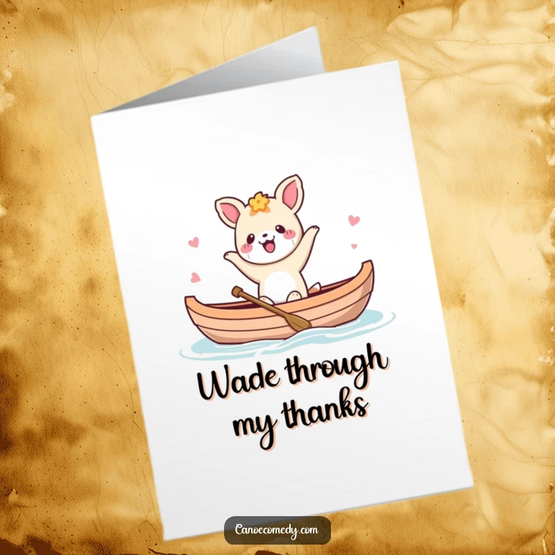 Funny Free Printable Thank You Card: Kawaii animal doing a happy dance in a canoe, expressing joyful thanks with movement.