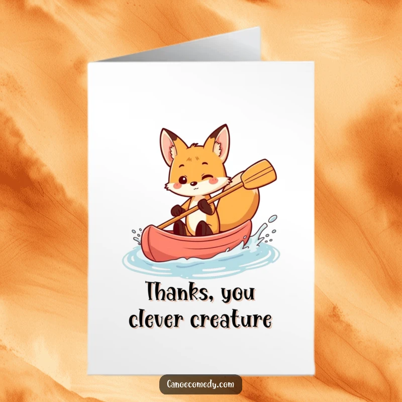 Funny Free Printable Thank You Card: Fox splashing water from canoe, energetic thanks, playful gesture, downloadable gift.