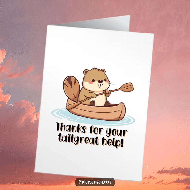Funny Free Printable Thank You Card: Kawaii beaver paddling in a canoe with its tail, a unique and heartfelt DIY present.