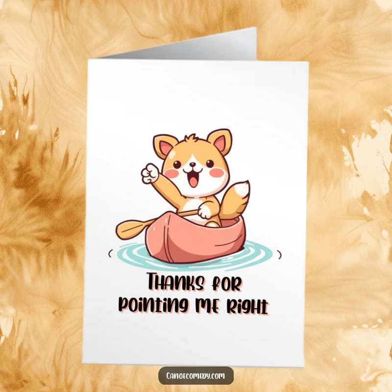 Funny Free Printable Thank You Card: Kawaii animal pointing ahead from a canoe, a symbol of gratitude for the journey.