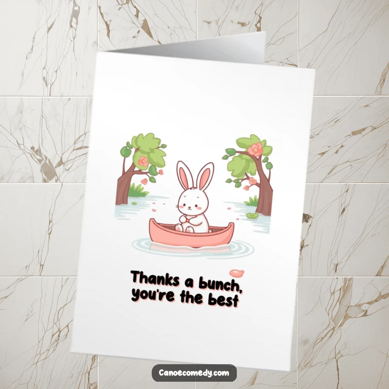 Funny Free Printable Thank You Card: Kawaii rabbit serene in canoe, peaceful gratitude, gentle journey, downloadable gift.