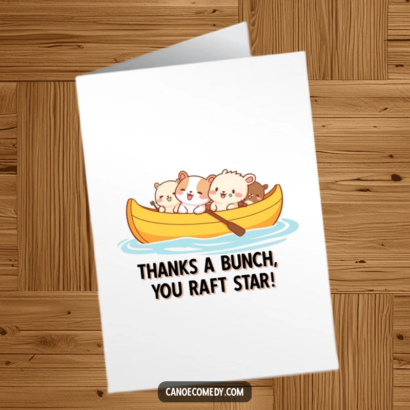 Funny Free Printable Thank You Card: Adorable animals in a canoe sharing a hearty laugh of gratitude.