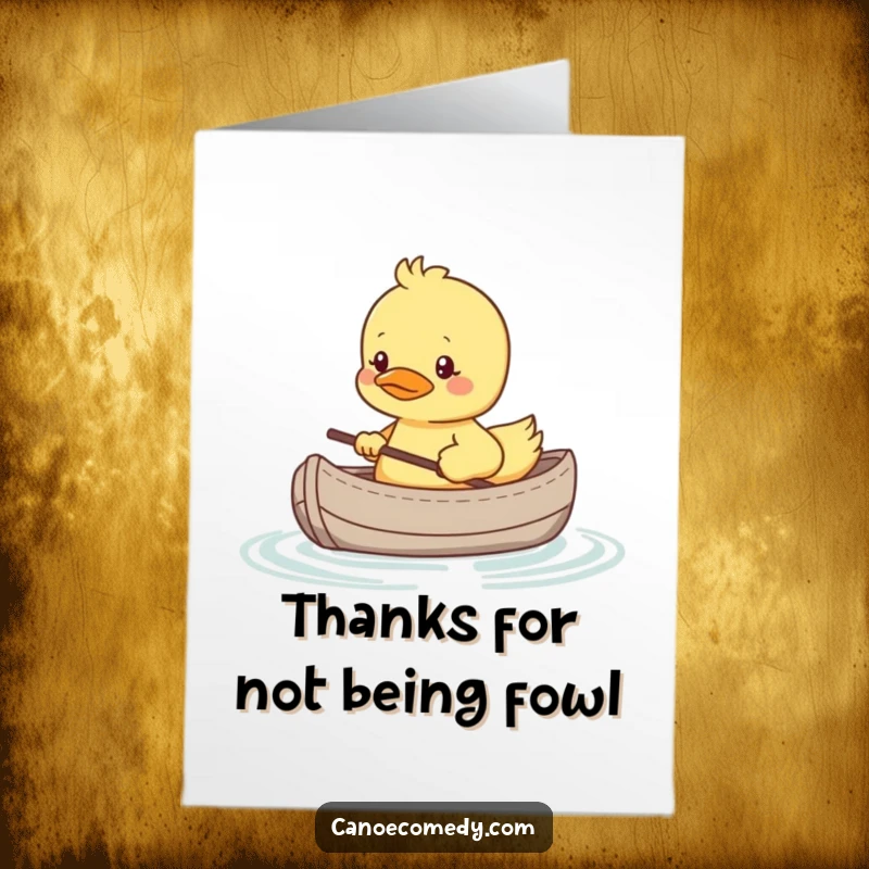 Funny Free Printable Thank You Card: Shy kawaii duckling in tiny canoe, looking nervous while saying thank you.