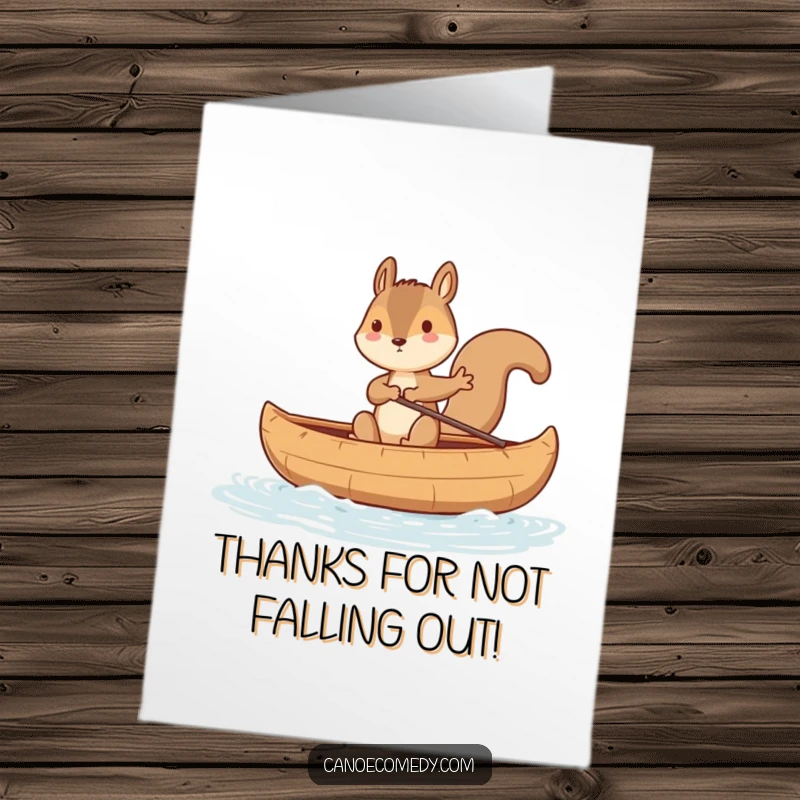 Funny Free Printable Thank You Card: A squirrel comically navigates a rocking canoe, expressing thanks in the most chaotic way possible.