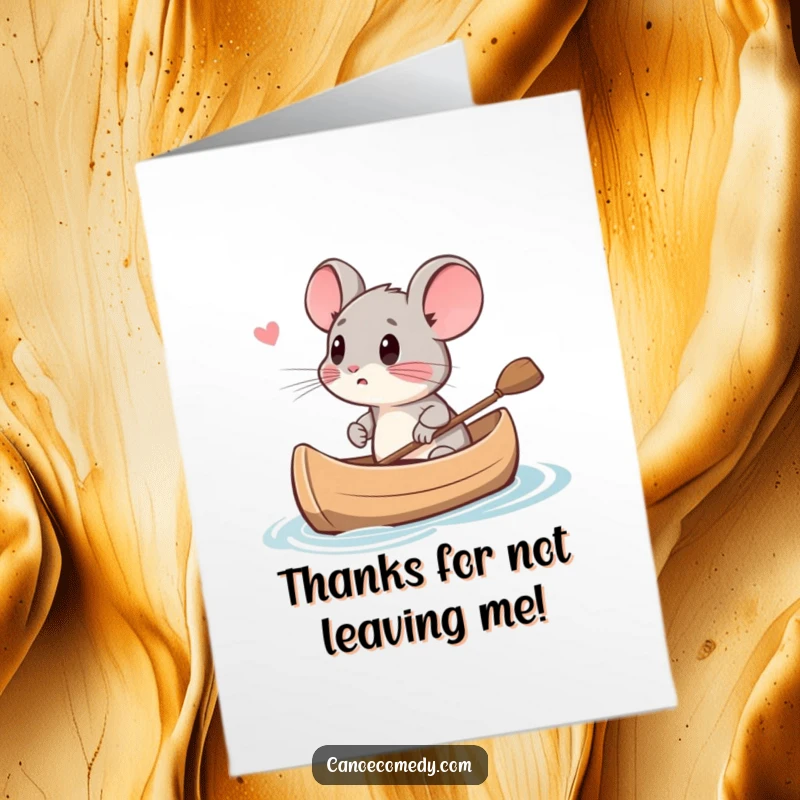 Funny Free Printable Thank You Card: A mouse looks utterly terrified in a canoe, thanking you for rescuing them from a perilous journey.