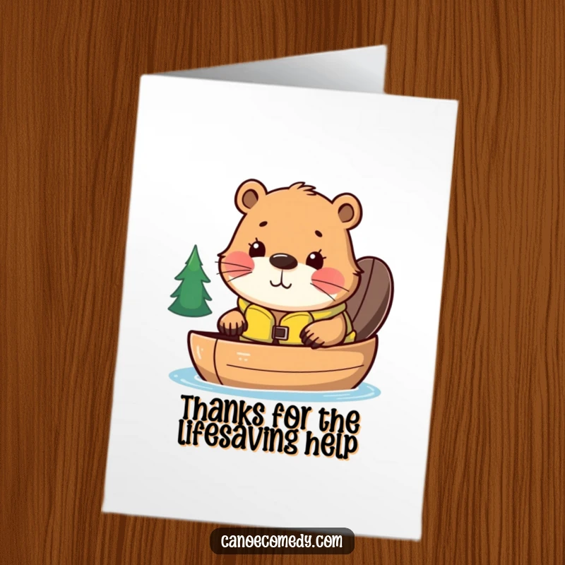 Funny Free Printable Thank You Card: Curious kawaii beaver in life jacket in canoe, expressing thanks with a smile.