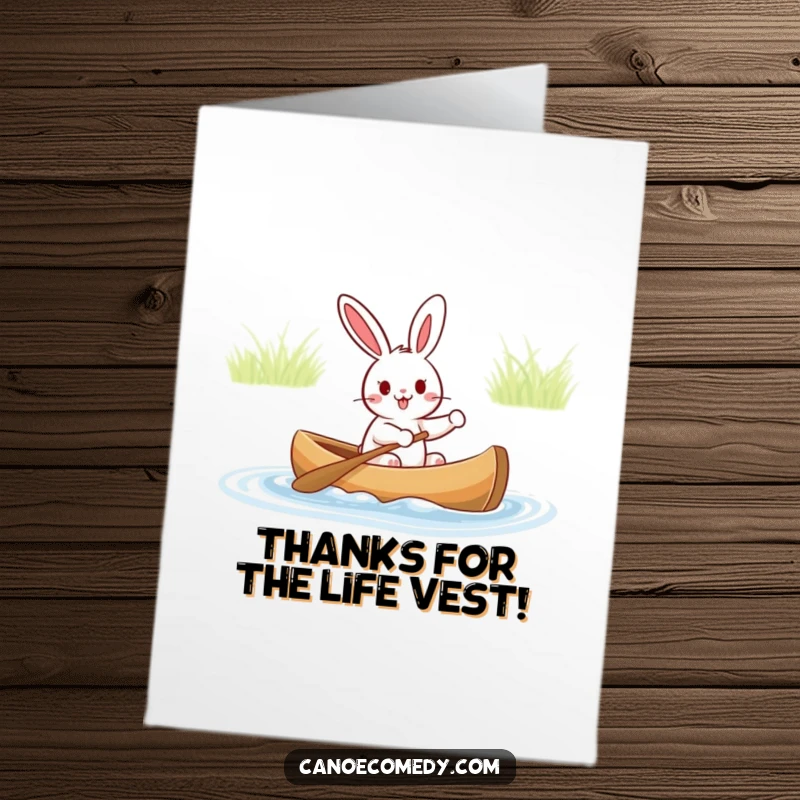 Funny Free Printable Thank You Card: Enthusiastic rabbit steering a canoe, expressing thanks with a joyful journey.