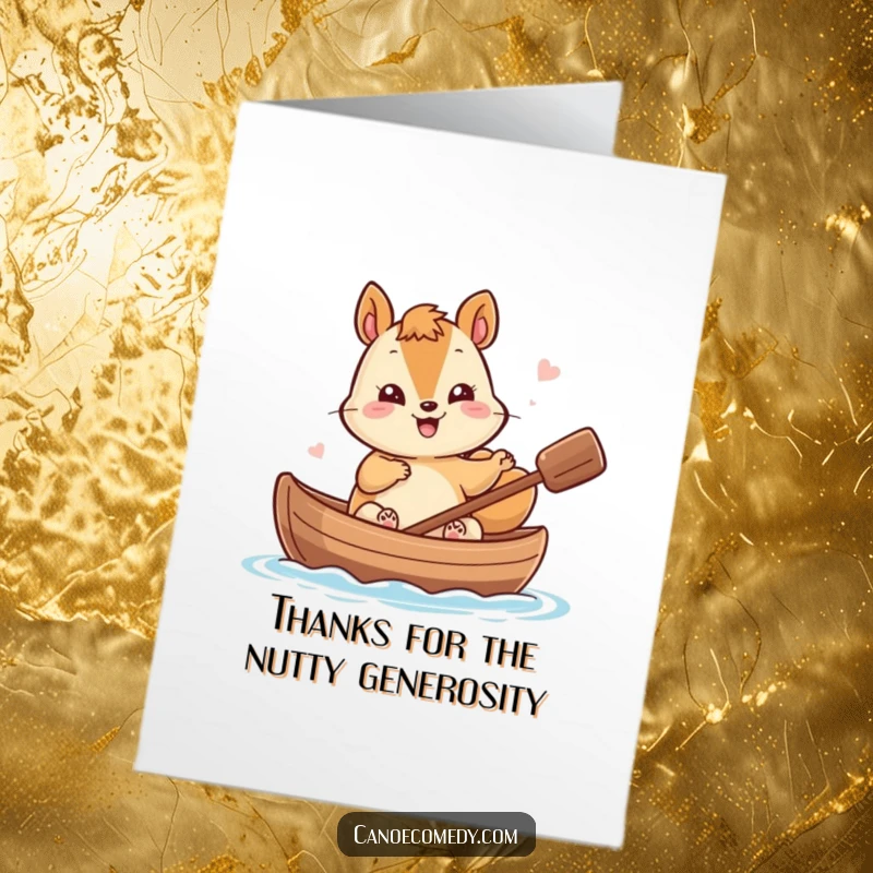 Funny Free Printable Thank You Card: Giggling kawaii squirrel waving from a nutshell canoe, expressing sincere thanks.