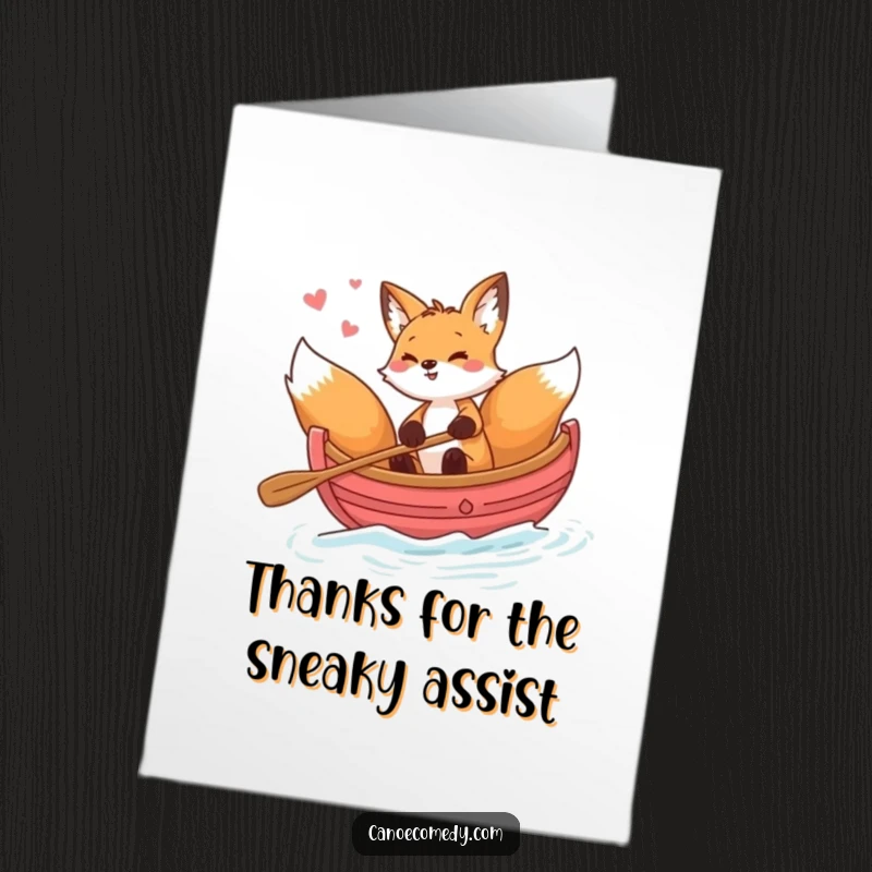 Funny Free Printable Thank You Card: Playful fox spinning in a canoe, perfect DIY thank you.