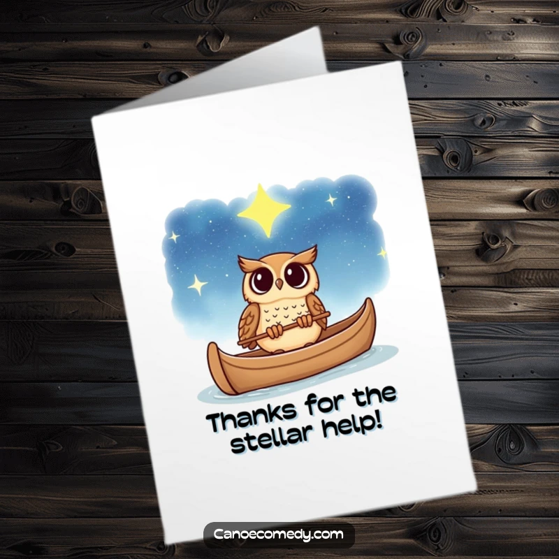 Funny Free Printable Thank You Card: Owl in a canoe looking up at a brilliant starry sky with a soulful expression, thankfulness.
