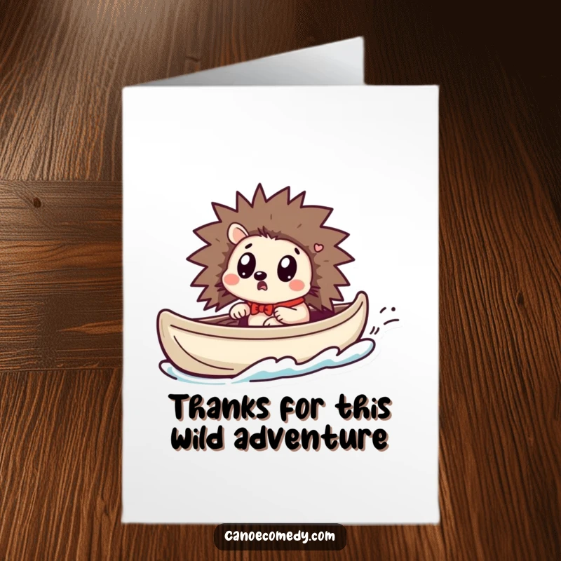 Funny Free Printable Thank You Card: A Kawaii hedgehog in a canoe looks surprised as it unexpectedly speeds up.