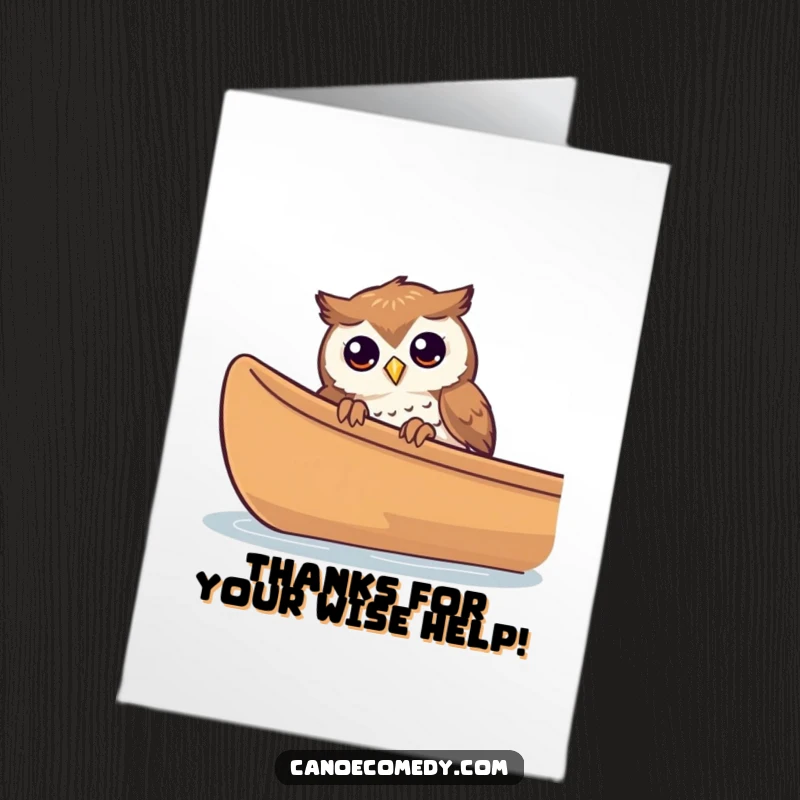 Funny Free Printable Thank You Card: A curious owl peeking over a canoe edge, expressing thanks, funny downloadable gift.