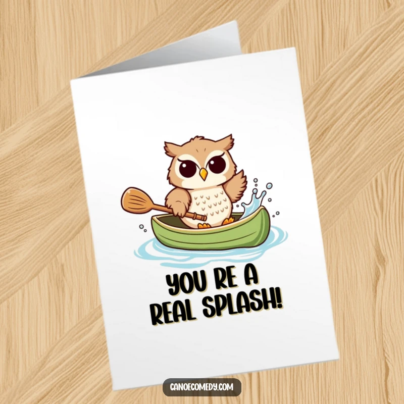 Funny Free Printable Thank You Card: Playful owl happily splashing water from a canoe with a paddle, joyful thank you.