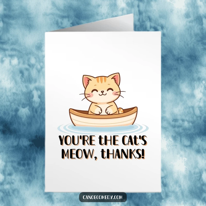 Funny free printable thank you card with a happy cat relaxing in a small canoe, a peaceful thank you.