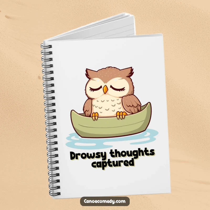 Funny owl notebook, shown peacefully dozing in a canoe with a relaxed expression, a humorous tool for capturing quiet moments.