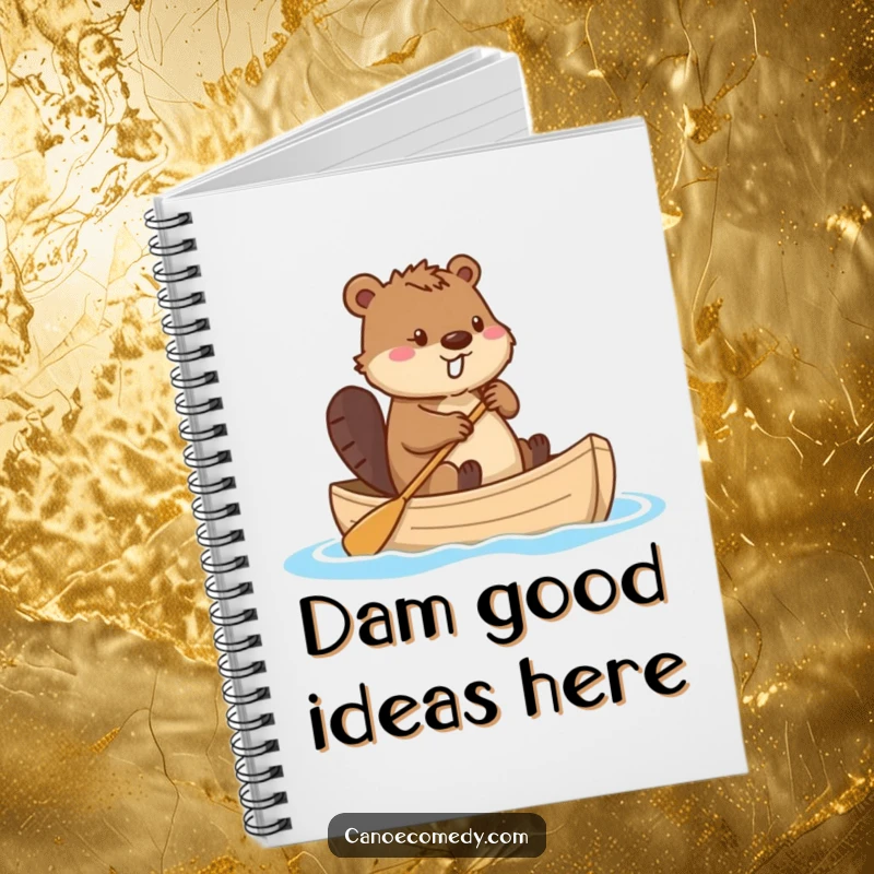 Funny beaver in a canoe, utilizing its tail as a rudder, a humorous cover for a notebook, encouraging users to steer their thoughts creatively.