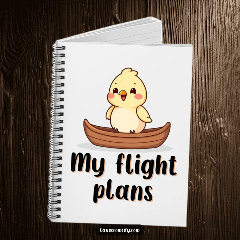 Funny chirpy bird character sitting in the front of a canoe, designed for a funny notebook, making it a great funny gift.