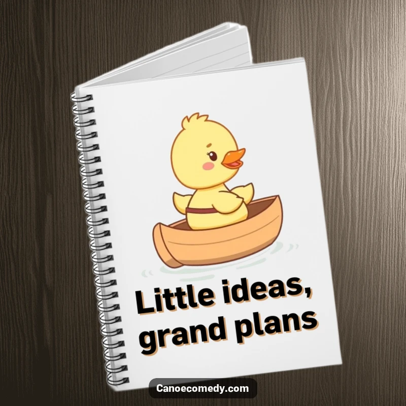 Funny happy duckling notebook riding in a tiny canoe with a big smile, perfect for journaling happy thoughts.
