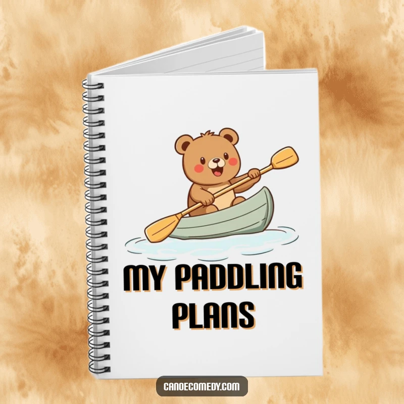 Funny notebook cover featuring a cartoon bear paddling a canoe with great enthusiasm, perfect for notes and doodles, a funny gift.