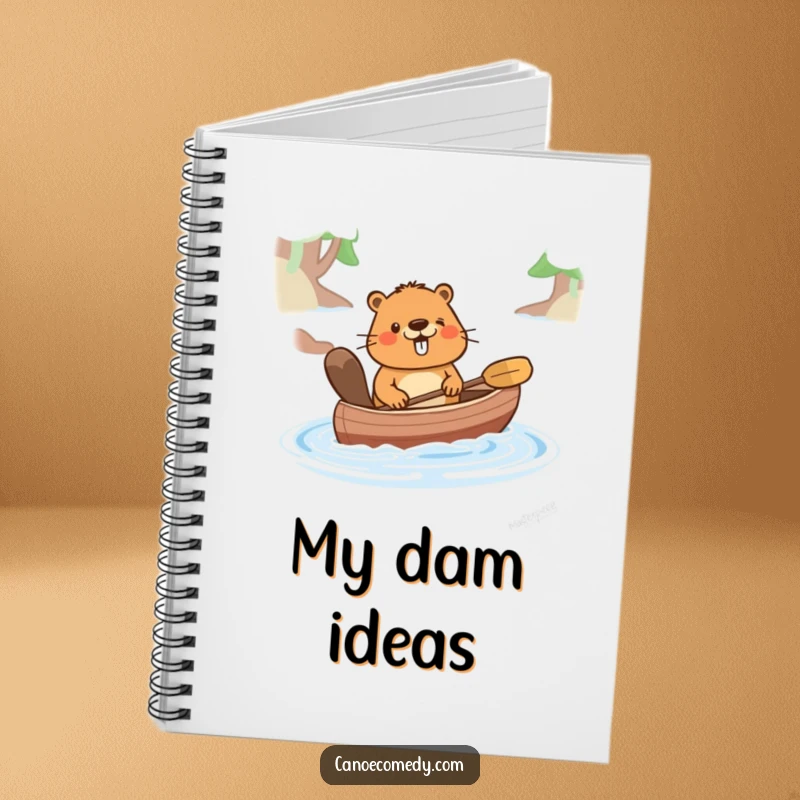 Funny notebook cover with a happy cartoon beaver pushing a canoe, encouraging diligent note-taking, a fun and funny gift.