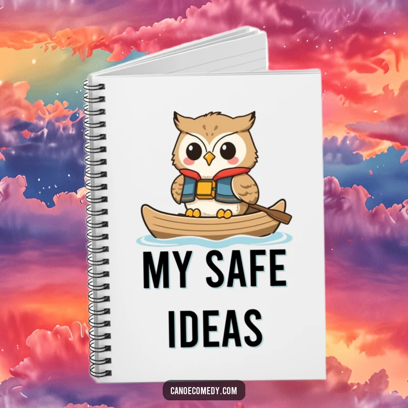 Funny owl notebook, shown smiling in a life vest while floating in a canoe, a humorous tool for peaceful reflection.