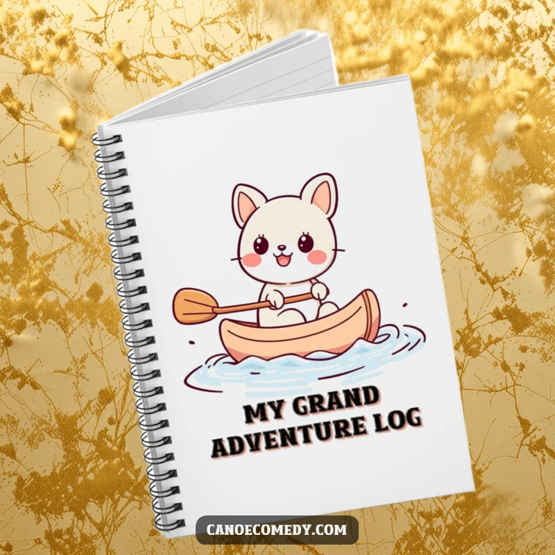 Funny Kawaii animal character paddling a tiny canoe with great enthusiasm, a humorous notebook for jotting down thoughts and sketches.