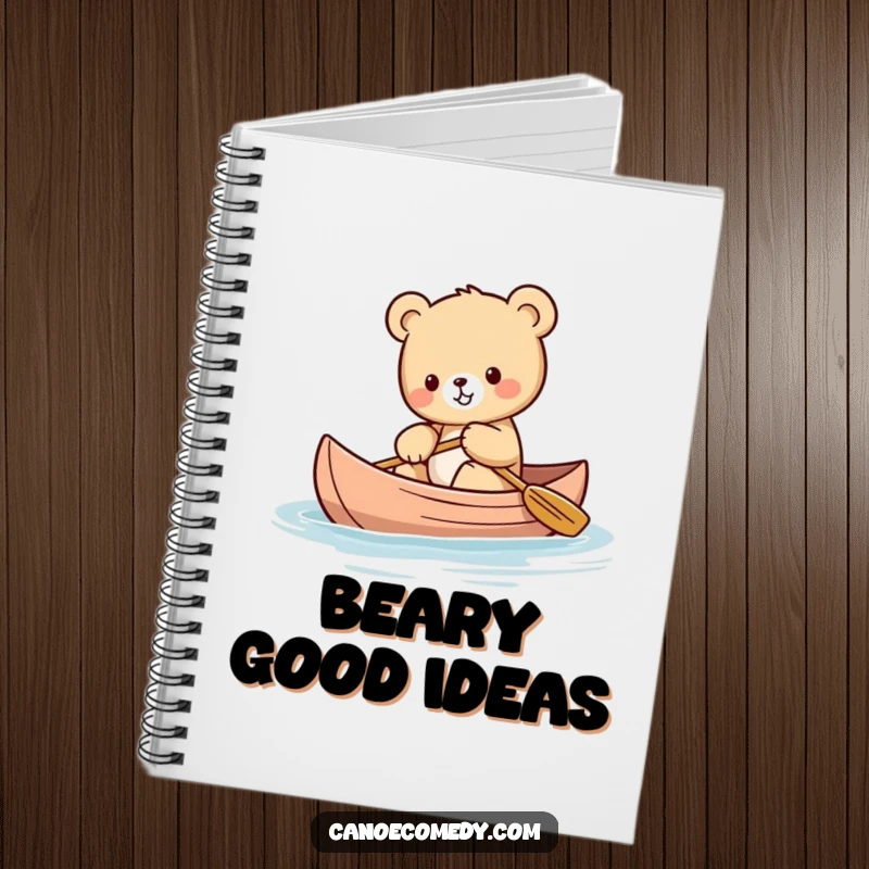 Funny Kawaii bear cub notebook featuring a cute bear cub balancing in a canoe, perfect for notes and sketches.