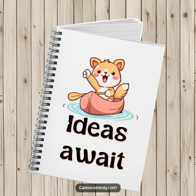 Funny Kawaii animal character in a canoe, pointing forward, shown on the cover of a notebook for idea capture.
