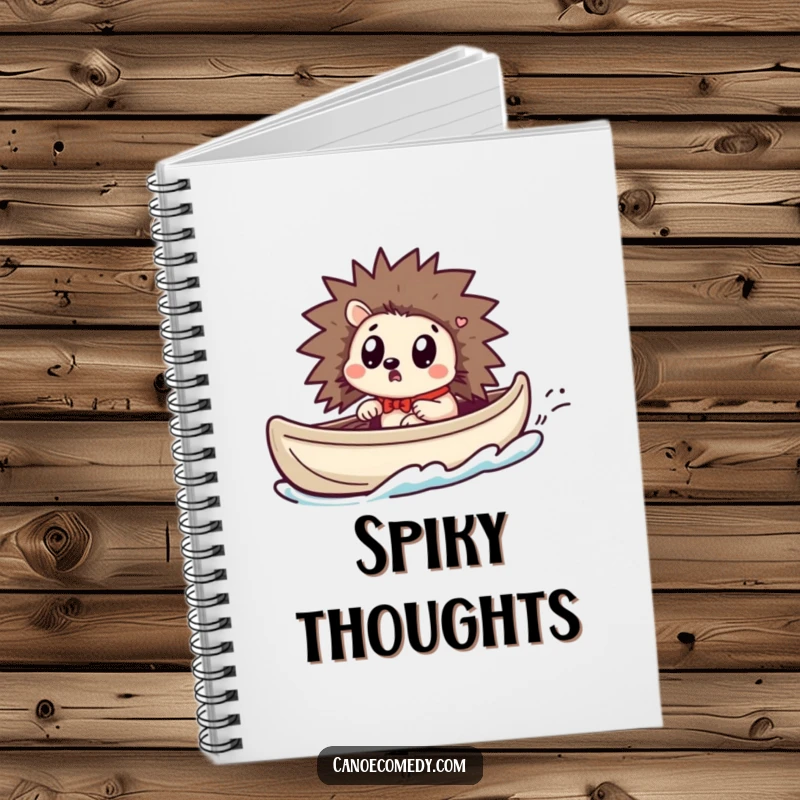 Funny Kawaii hedgehog notebook featuring a surprised hedgehog in a canoe as it speeds up, perfect for notes.