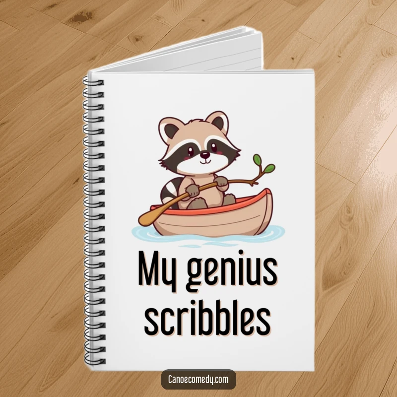 Funny Kawaii raccoon in a canoe, steering with a twig, a lined notebook for writing.