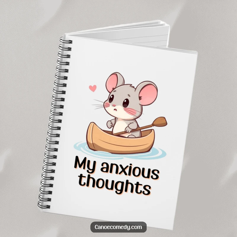 Funny small mouse character looking scared in a canoe, designed for a funny notebook, making it a great funny gift.