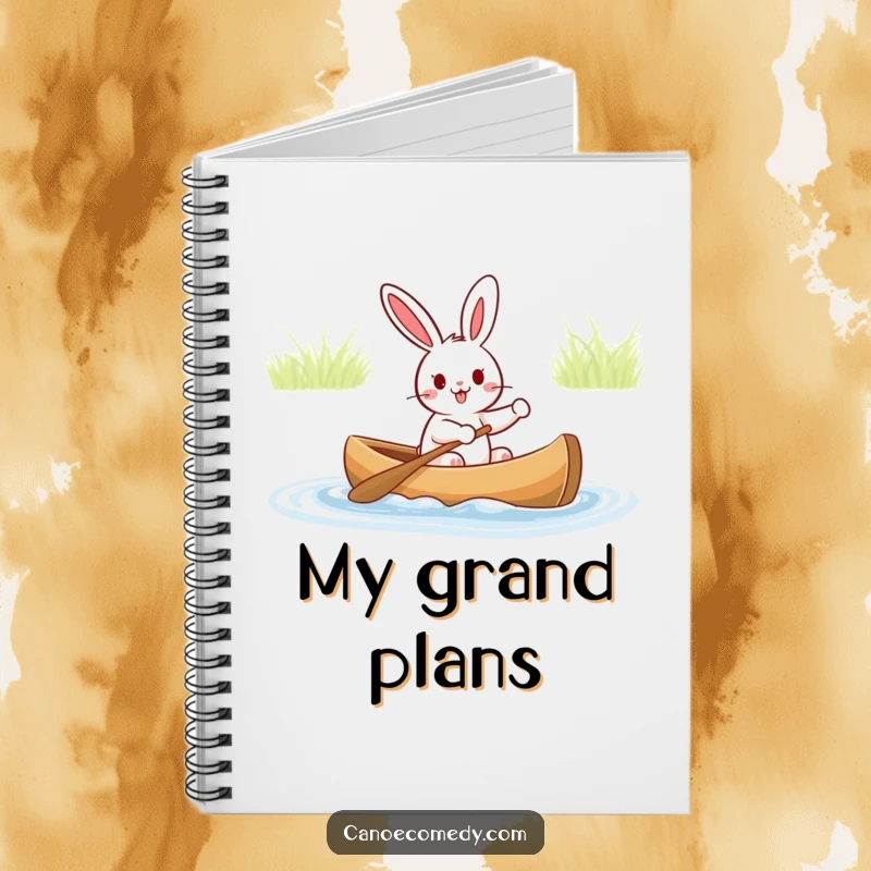 Funny notebook with a cheerful rabbit joyfully paddling a canoe, perfect for jotting down notes with a humorous, adventurous spirit.